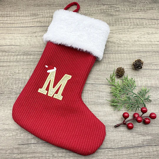 Red Christmas Knitted Socks Gift Bag – 26 Letter Personalized Stockings